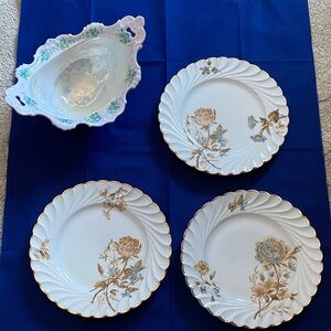 Elegant White and Gold Floral Desert plates 3 piece Set & iridescent candy dish